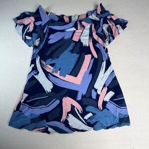 Abstract Brushstroke Off Shoulder Smocked Top Navy Pink Size Small
